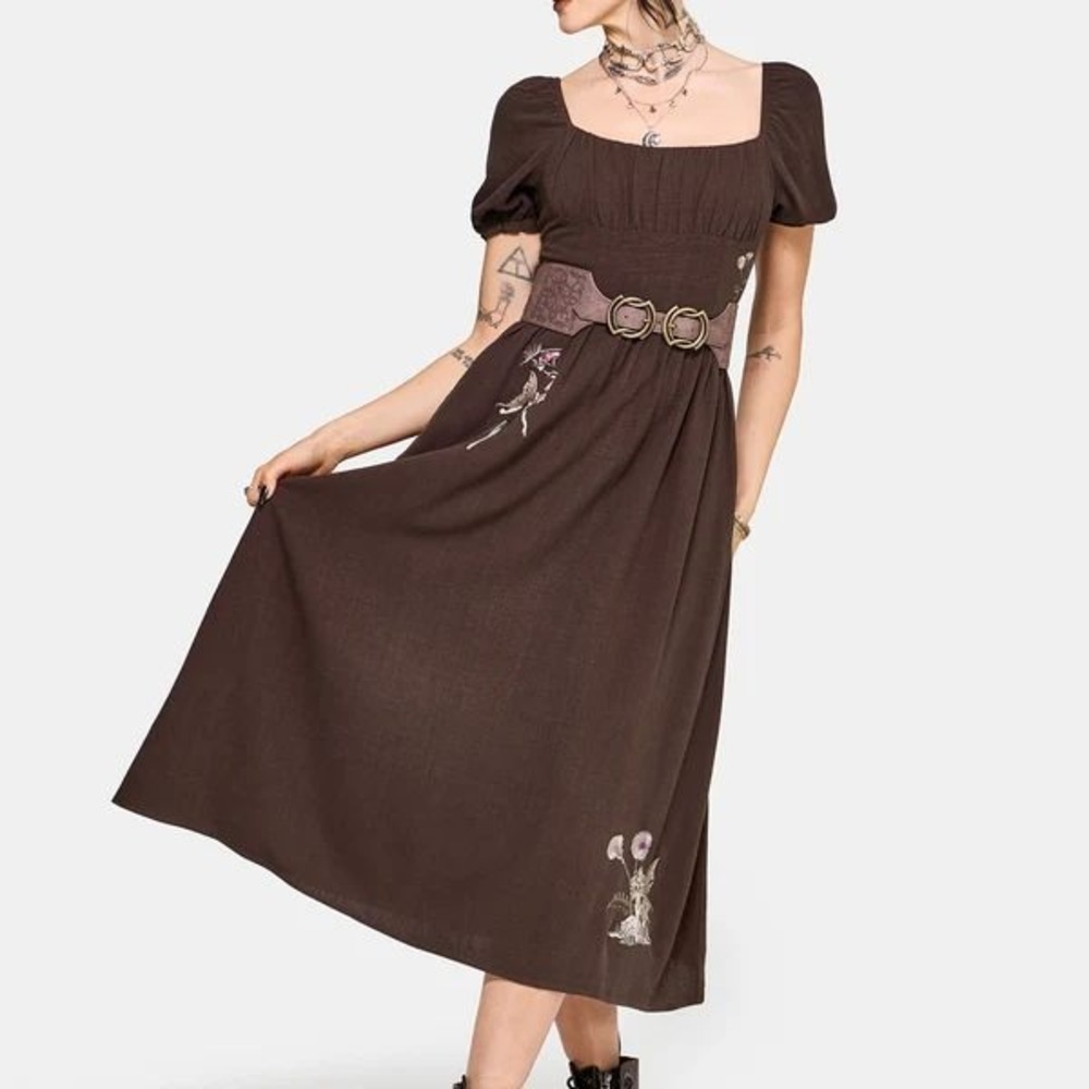 Disturbia Faela Fairy Milkmaid Midi Dress Brown Size 12 New With Tags